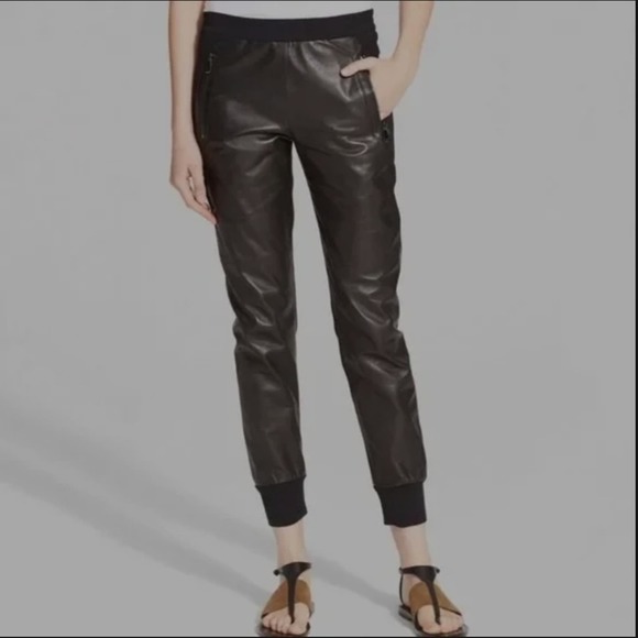 VINCE Black Genuine Leather Crepe Mixed Media Jogger Pants Size Large - Picture 2 of 14